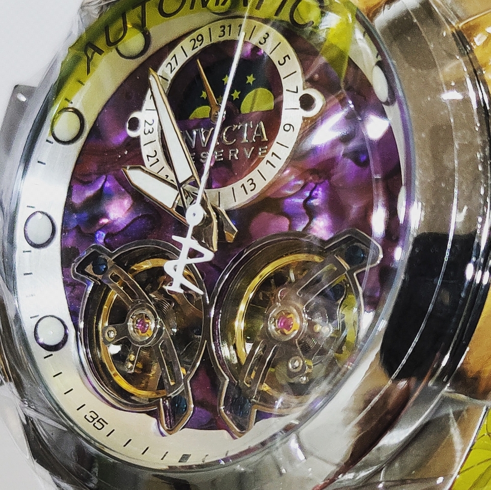 Invicta NWT Reserve Man Of War Purple Oyster Double Open Heart Automatic Watch